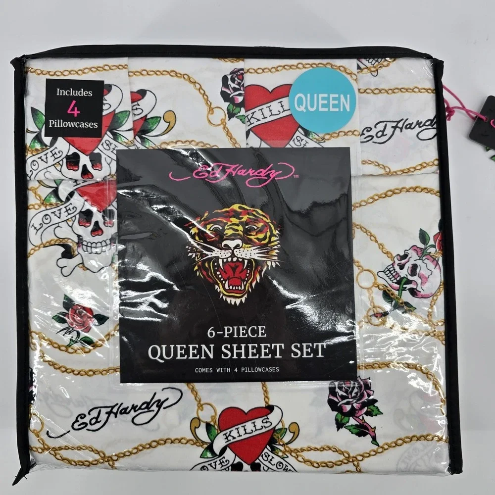 Ed Hardy Queen‎ 6pc Sheet Set White Red Skull Roses Hearts Love Kills Slow New